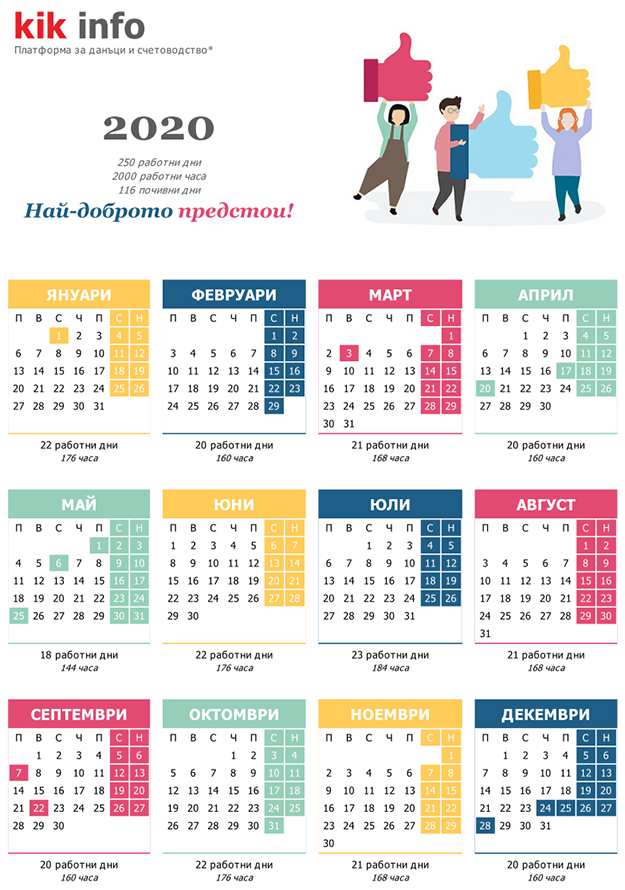 Календар за 2020 с работните, почивните и празничните дни