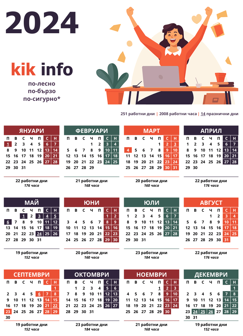 Календар с работните и почивните дни за 2024 г.
